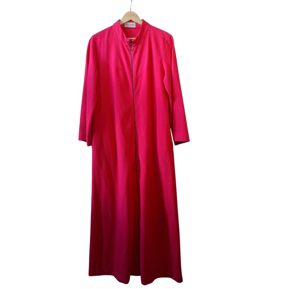 Vintage 70s Robe Womens 12 Pink Retro Fleece Pajama Dress Zip Housecoat Lounge